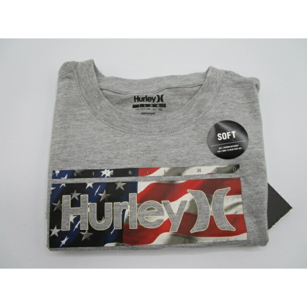 Hurley Boys' Toddler Classic Soft Tee Grey With American Flag Youth Size 7